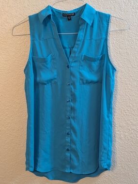 EXPRESS Portofino Sleeveless Button Front Blouse Collared Teal Blue, Size Small